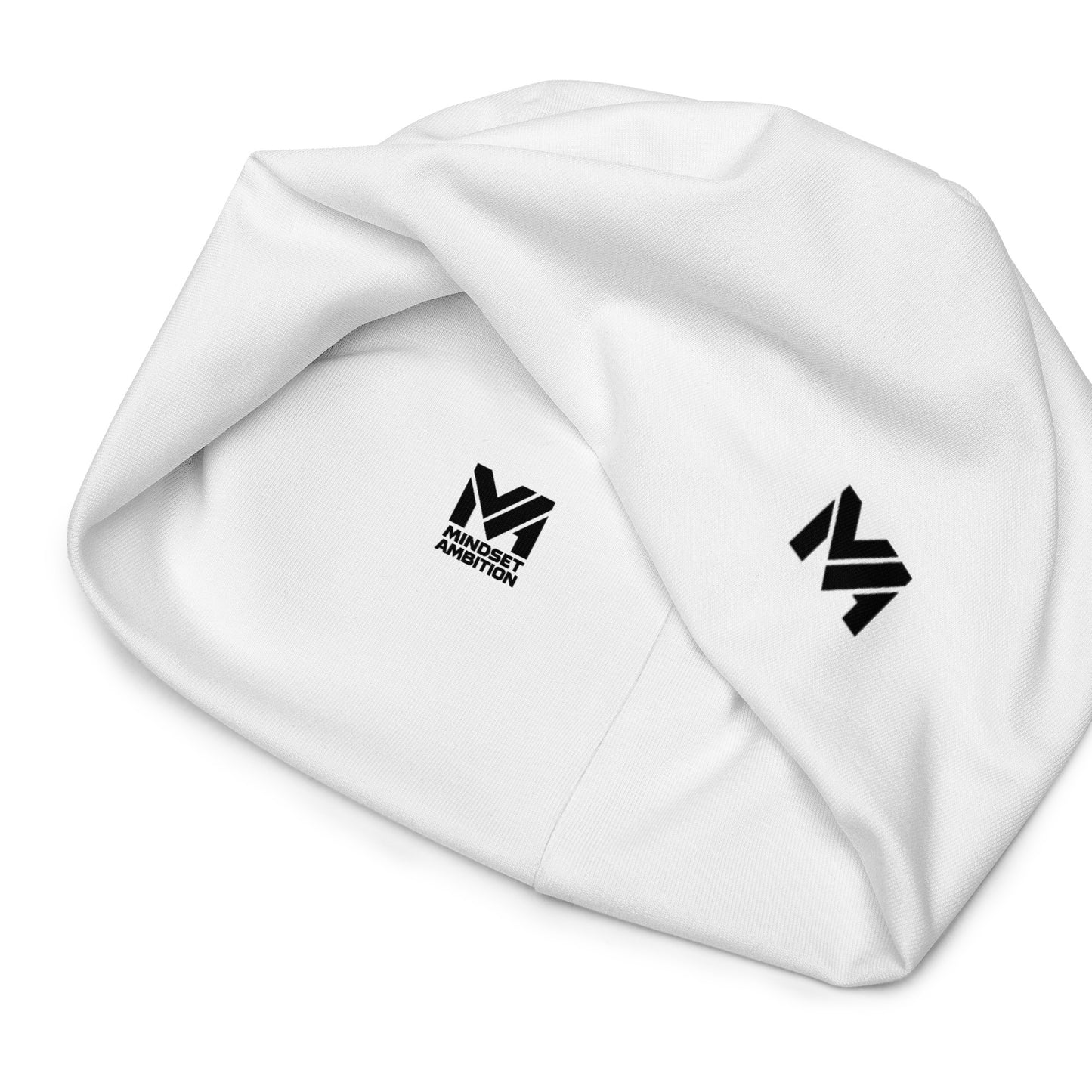 Bonnet Flow Mindset Ambition, version blanche avec logo imprimé noir, vue intérieure mettant en avant la signature Mindset Ambition – bonnet minimaliste et élégant