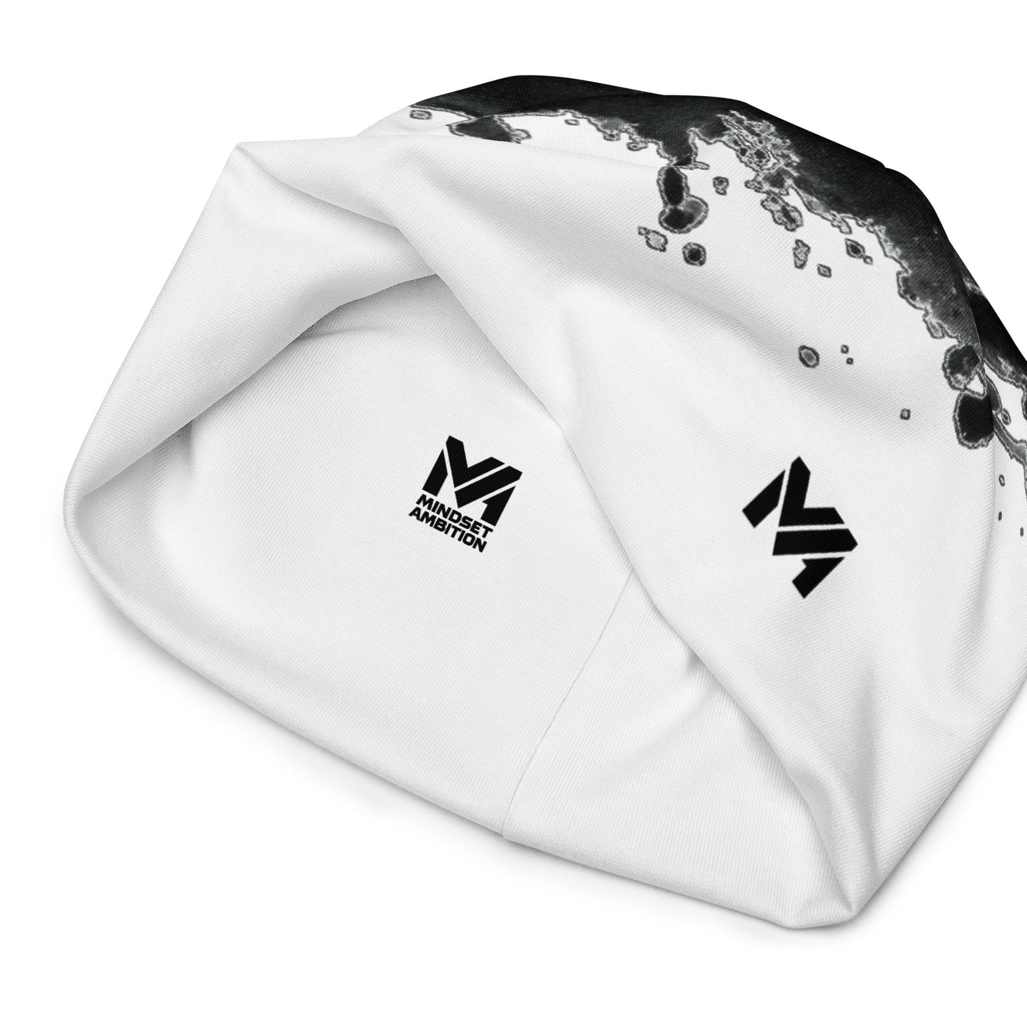 Bonnet Flow Ink Mindset Ambition, version blanche avec effet peinture noire fluide et logo imprimé noir, vue intérieure du bonnet révélant la signature Mindset Ambition – Mindset Ambition