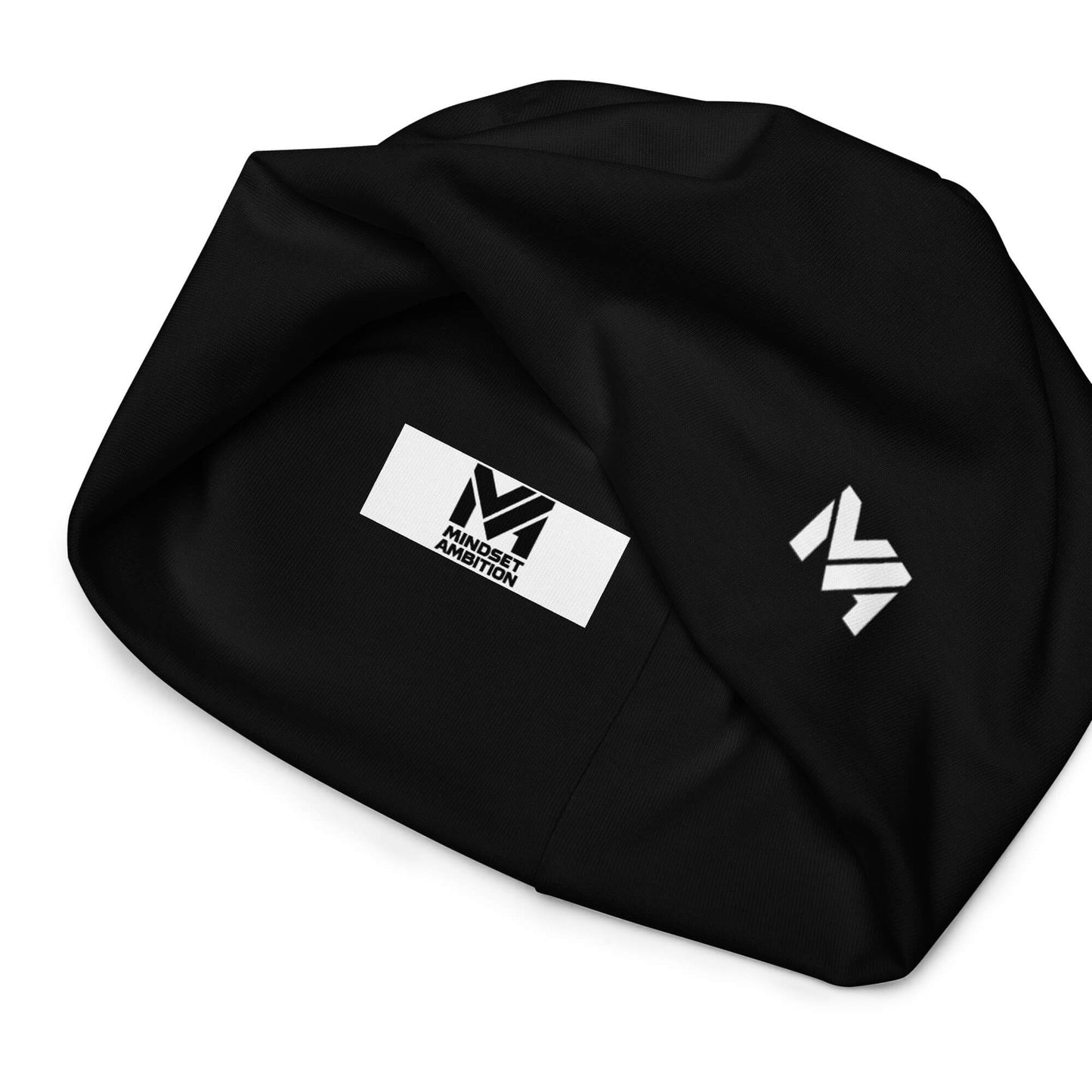Bonnet Flow Mindset Ambition, version noire avec logo imprimé blanc, vue intérieure contrastée affichant la marque Mindset Ambition – bonnet sobre et affirmé
