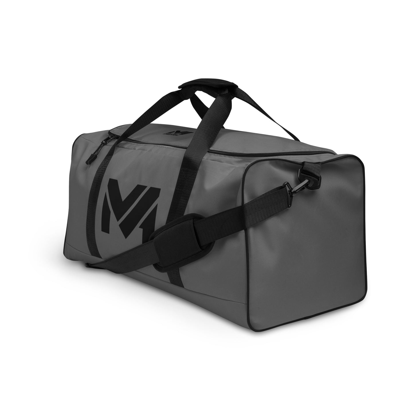 Grand sac de sport Bold Move Mindset Ambition, gris, vue avant trois-quarts gauche, logo noir visible, bandoulière ajustable et poignées renforcées – Mindset Ambition