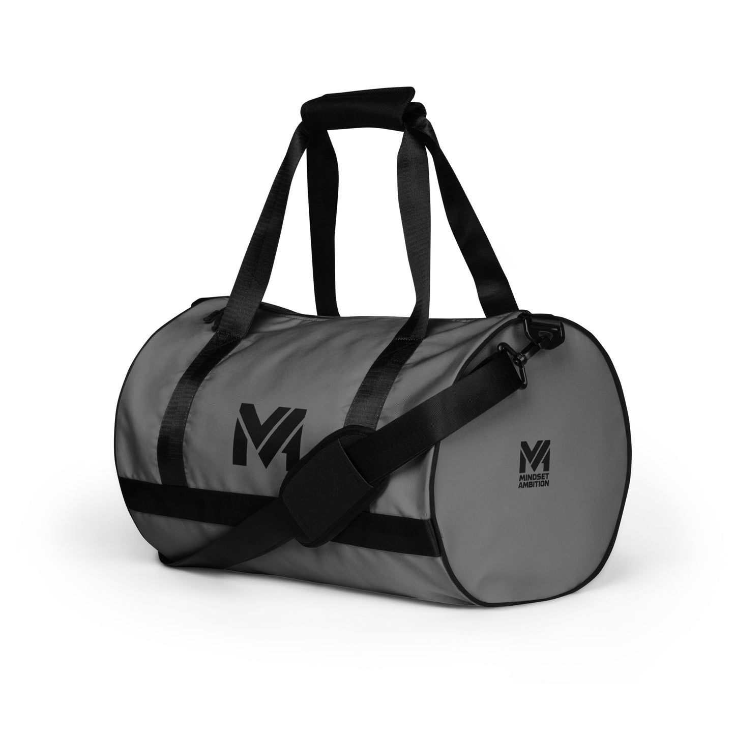 Sac de sport Smart Move Mindset Ambition, gris, vue avant trois-quarts gauche, anses et bandoulière noires, logo noir latéral, design compact et élégant – Mindset Ambition