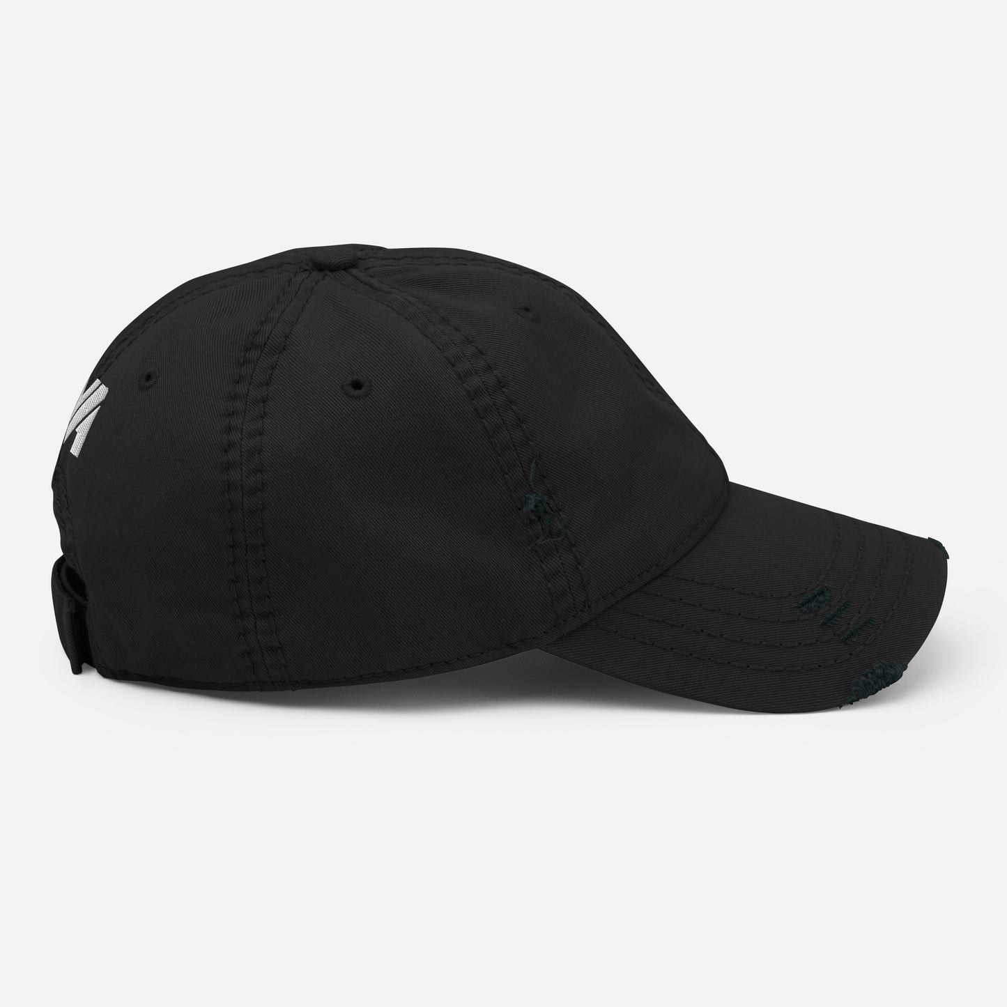 Casquette Bold Edge Mindset Ambition, noire avec logo blanc, vue latérale droite, design usé raffiné, style minimaliste et contrasté – Mindset Ambition