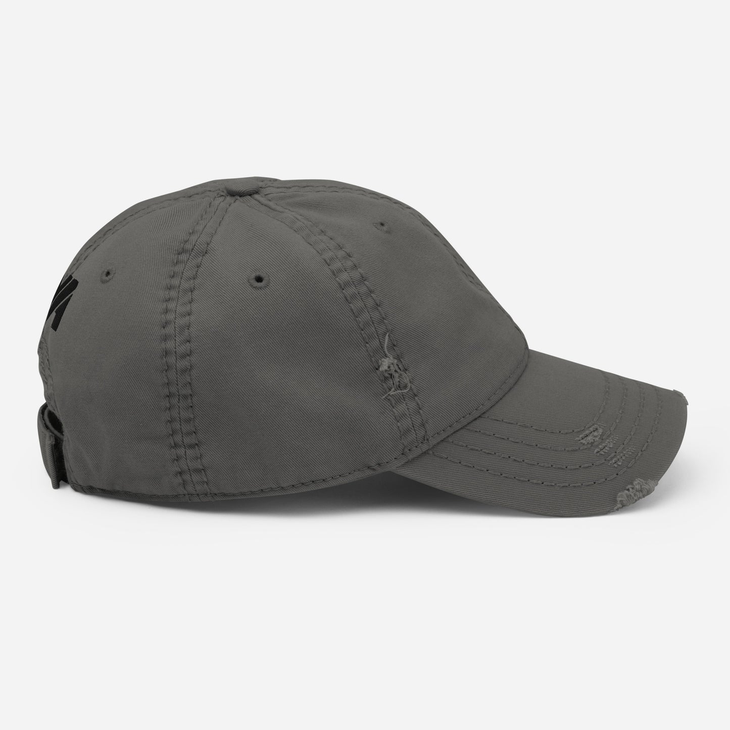Casquette Bold Edge Mindset Ambition, gris anthracite, vue latérale droite, design usé haut de gamme, logo MA noir brodé, style urbain et affirmé – Mindset Ambition