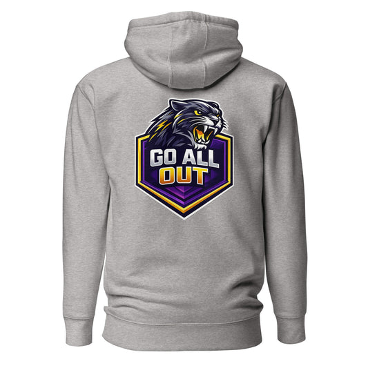 Hoodie GO ALL OUT gris chiné visuel coloré dos et logo noir face Mindset Ambition