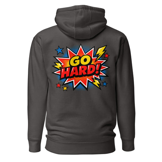 Hoodie GO HARD gris anthracite visuel coloré dos et logo blanc face Mindset Ambition
