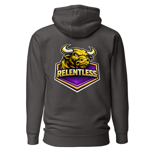 Hoodie RELENTLESS gris anthracite visuel coloré dos et logo blanc face Mindset Ambition