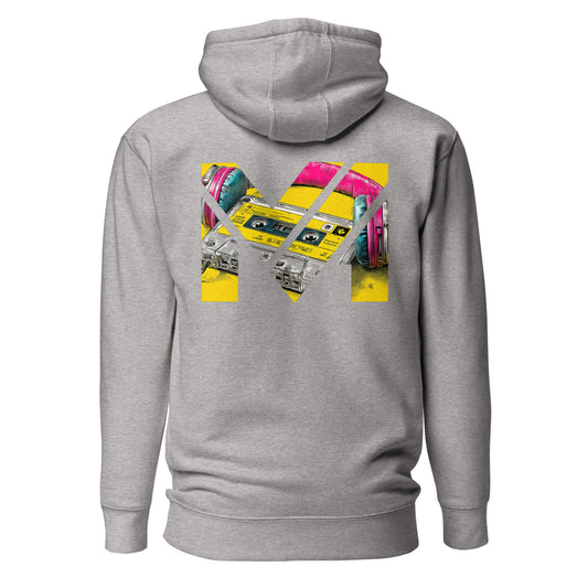 Hoodie REWIND. RESET. RISE. gris chiné visuel coloré dos et logo noir face Mindset Ambition