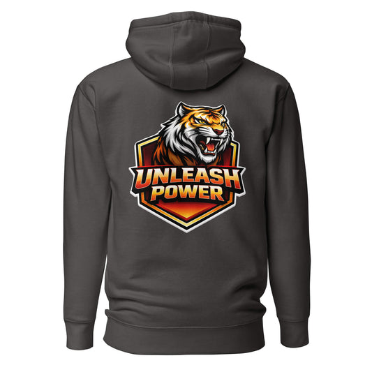 Hoodie UNLEASH POWER gris anthracite visuel coloré dos et logo blanc face Mindset Ambition