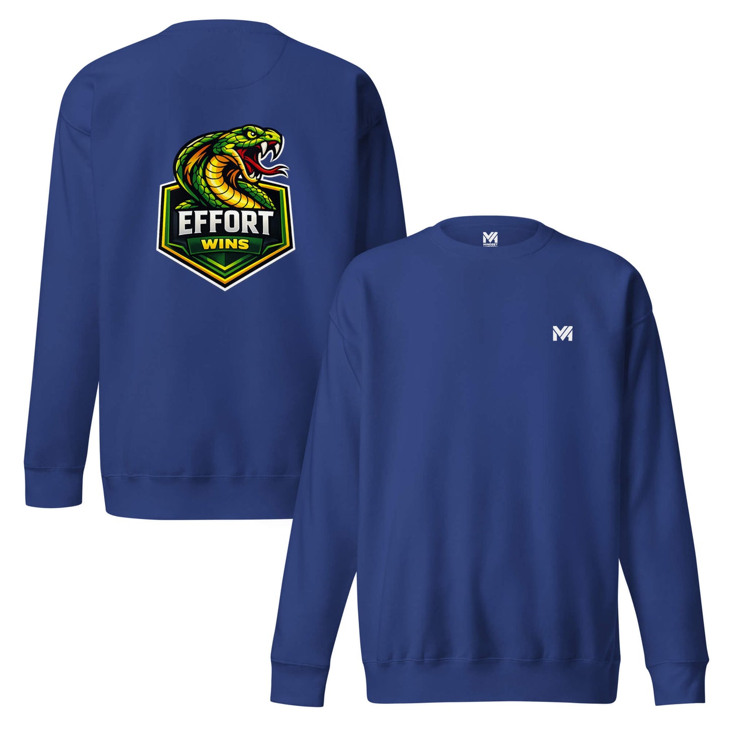 Sweat EFFORT WINS bleu roi logo blanc face et visuel coloré dos Mindset Ambition