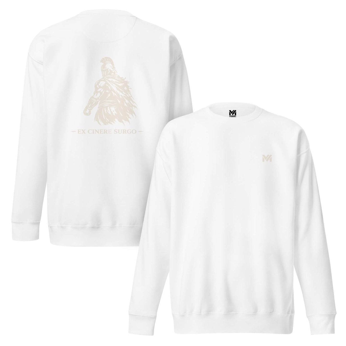 Sweat Ex Cinere Surgo blanc logo doré face et visuel doré dos Mindset Ambition