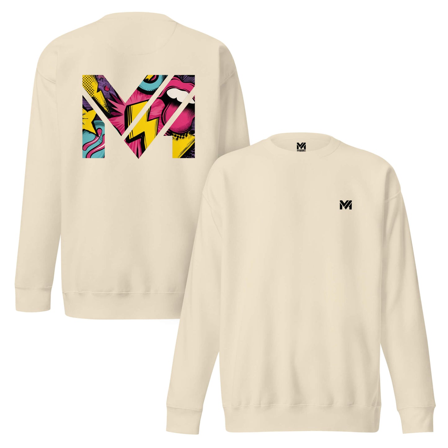 Sweat FULL VOLTAGE beige logo noir face et visuel coloré dos Mindset Ambition