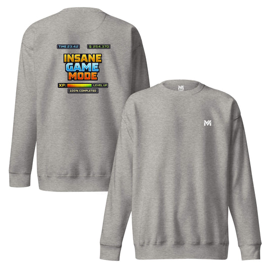 Sweat INSANE GAME MODE gris chiné logo blanc face et visuel coloré dos Mindset Ambition