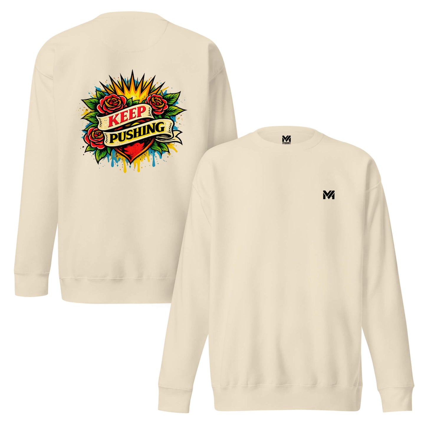 Sweat KEEP PUSHING beige logo noir face et visuel coloré dos Mindset Ambition