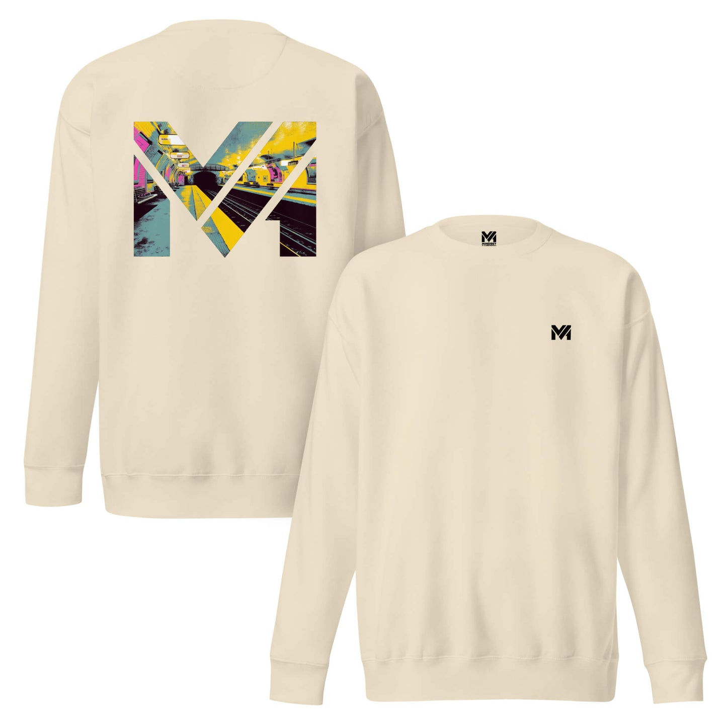 Sweat LAST TRAIN MENTALITY beige logo noir face et visuel coloré dos Mindset Ambition