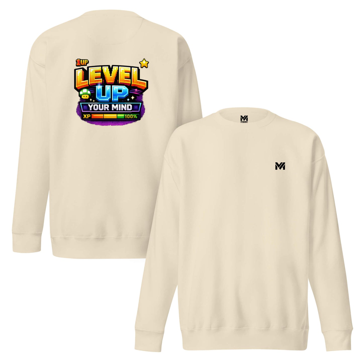Sweat LEVEL UP YOUR MIND beige logo noir face et visuel coloré dos Mindset Ambition