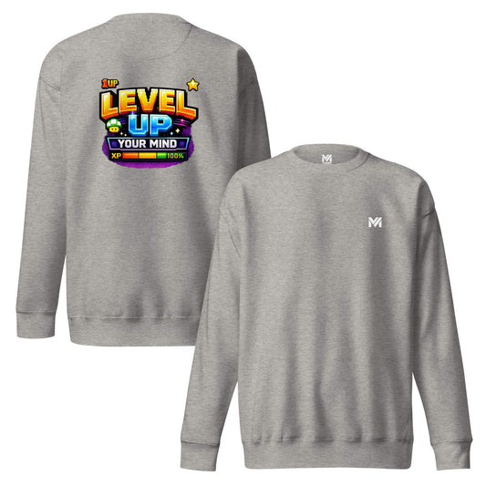 Sweat LEVEL UP YOUR MIND gris chiné logo blanc face et visuel coloré dos Mindset Ambition