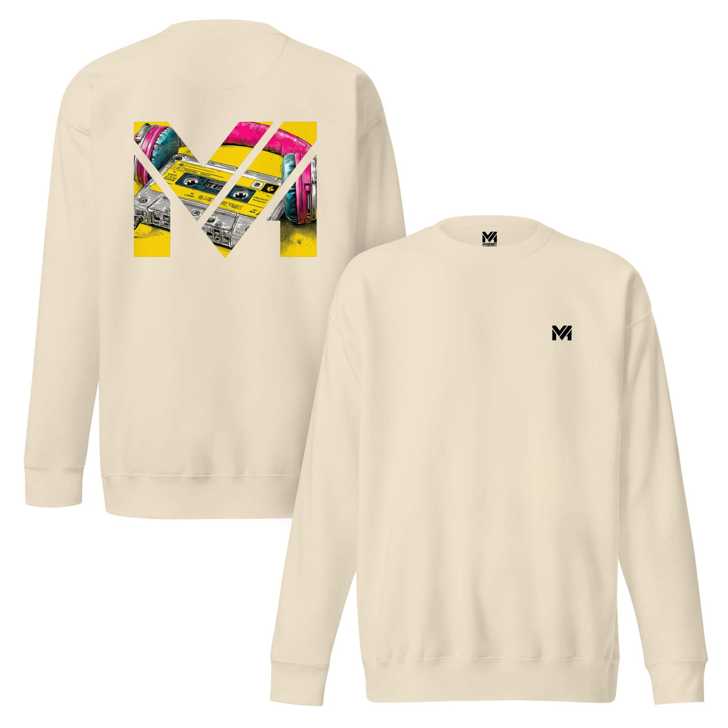 Sweat REWIND. RESET. RISE. beige logo noir face et visuel coloré dos Mindset Ambition