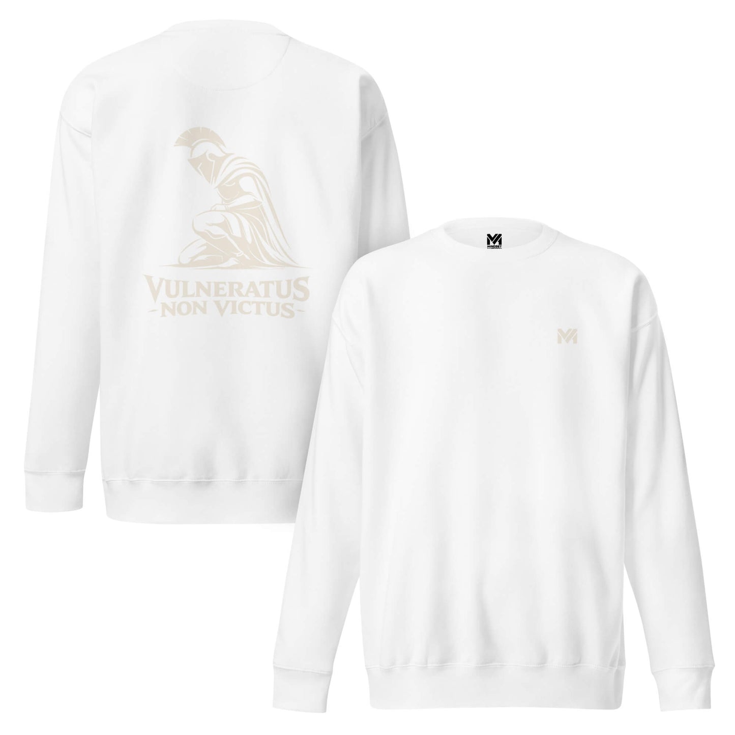 Sweat Vulneratus Non Victus blanc logo doré face et visuel doré dos Mindset Ambition