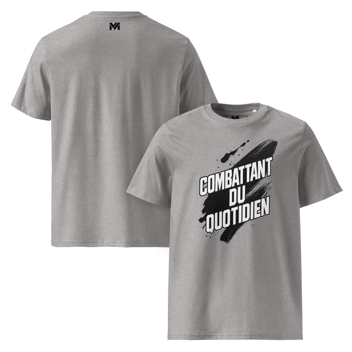 T-shirt bio gris Mindset Ambition “Combattant du quotidien” – visuel noir sur peinture blanche, coton bio confortable, logo MA centré au dos.