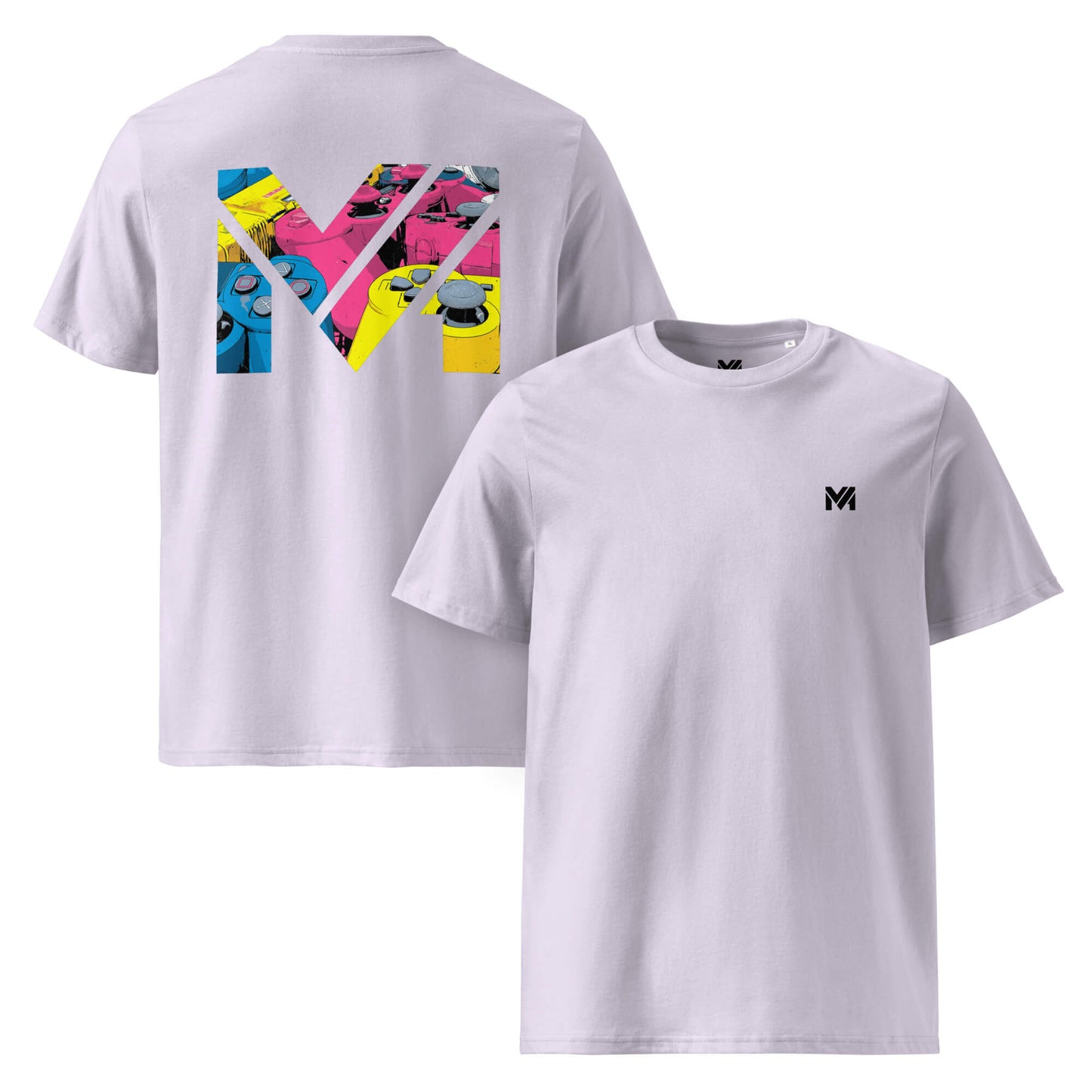 T-shirt Bio CONTROL THE GAME lavande logo noir face et visuel coloré dos Mindset Ambition