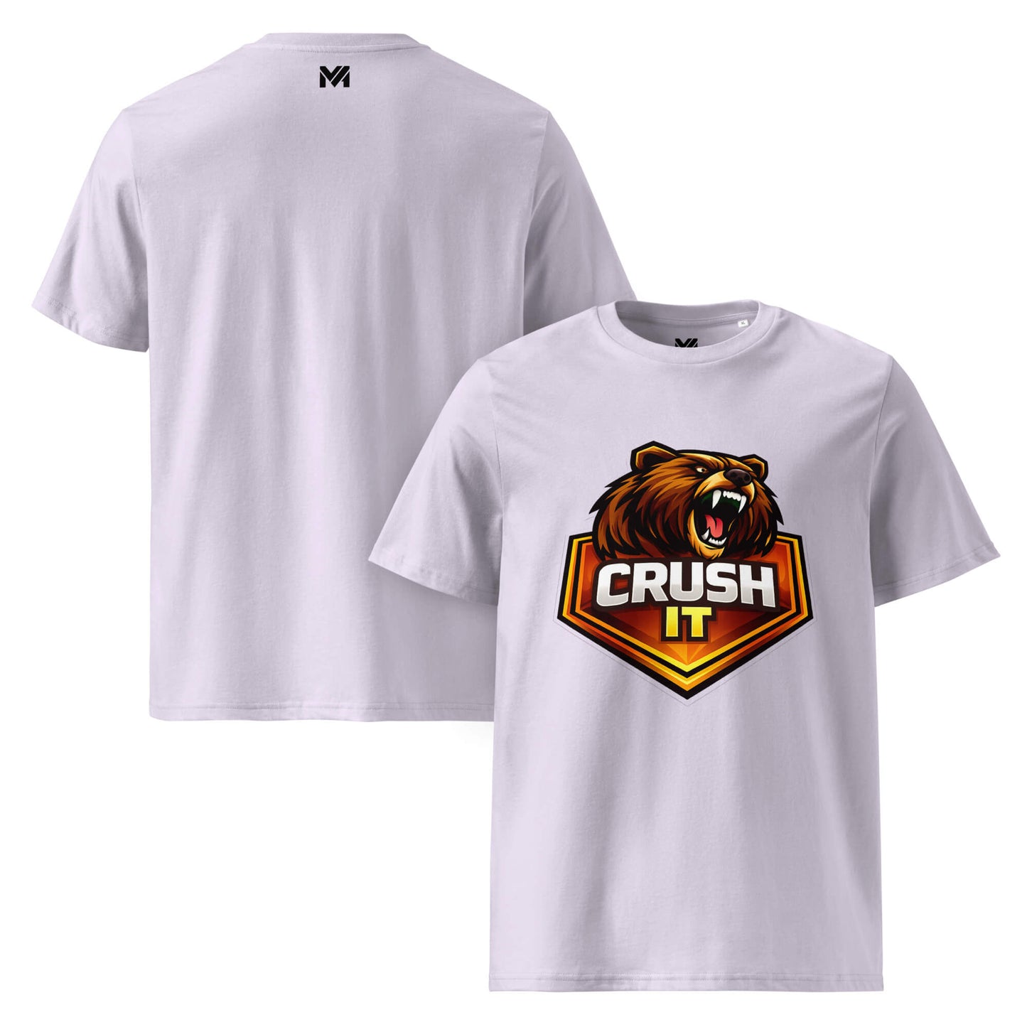 T-shirt Bio CRUSH IT lavande visuel coloré face et logo noir dos sous le col Mindset Ambition