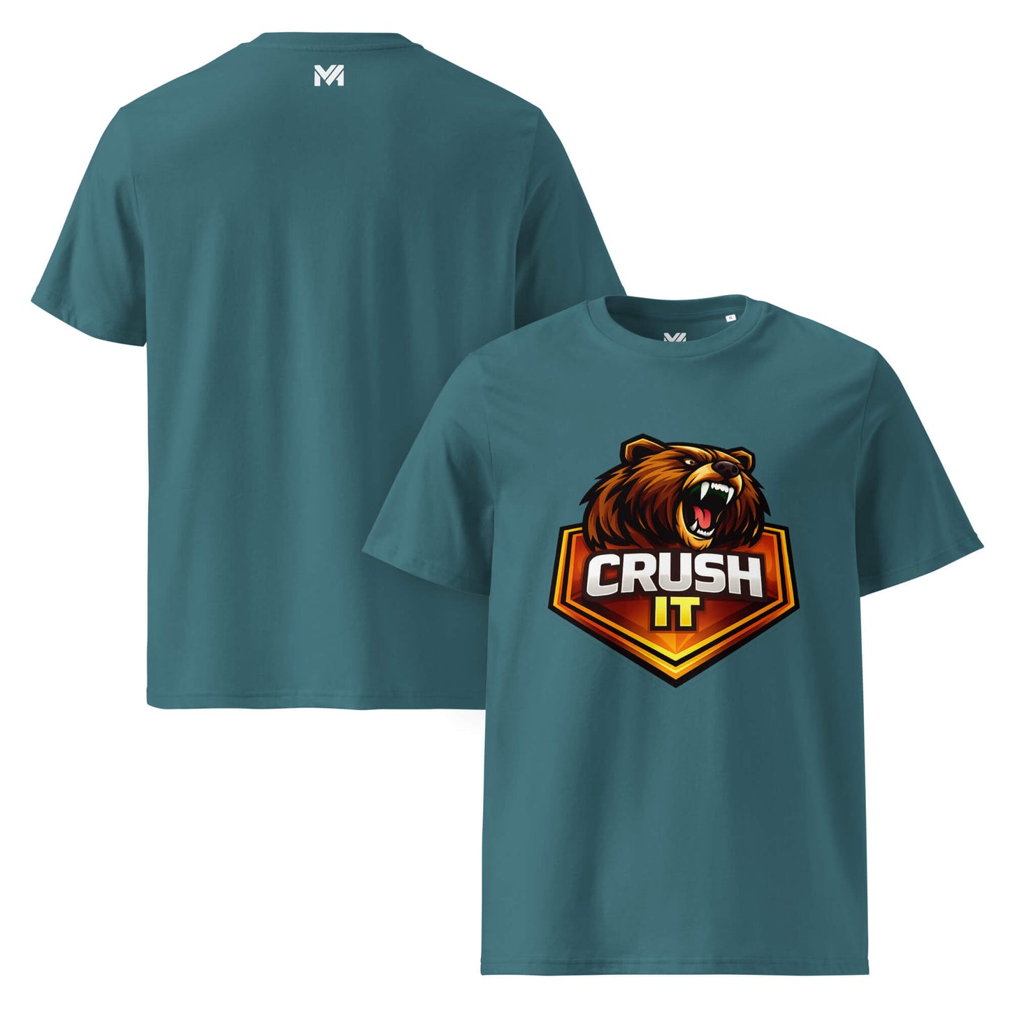 T-shirt Bio CRUSH IT vert visuel coloré face et logo blanc dos sous le col Mindset Ambition