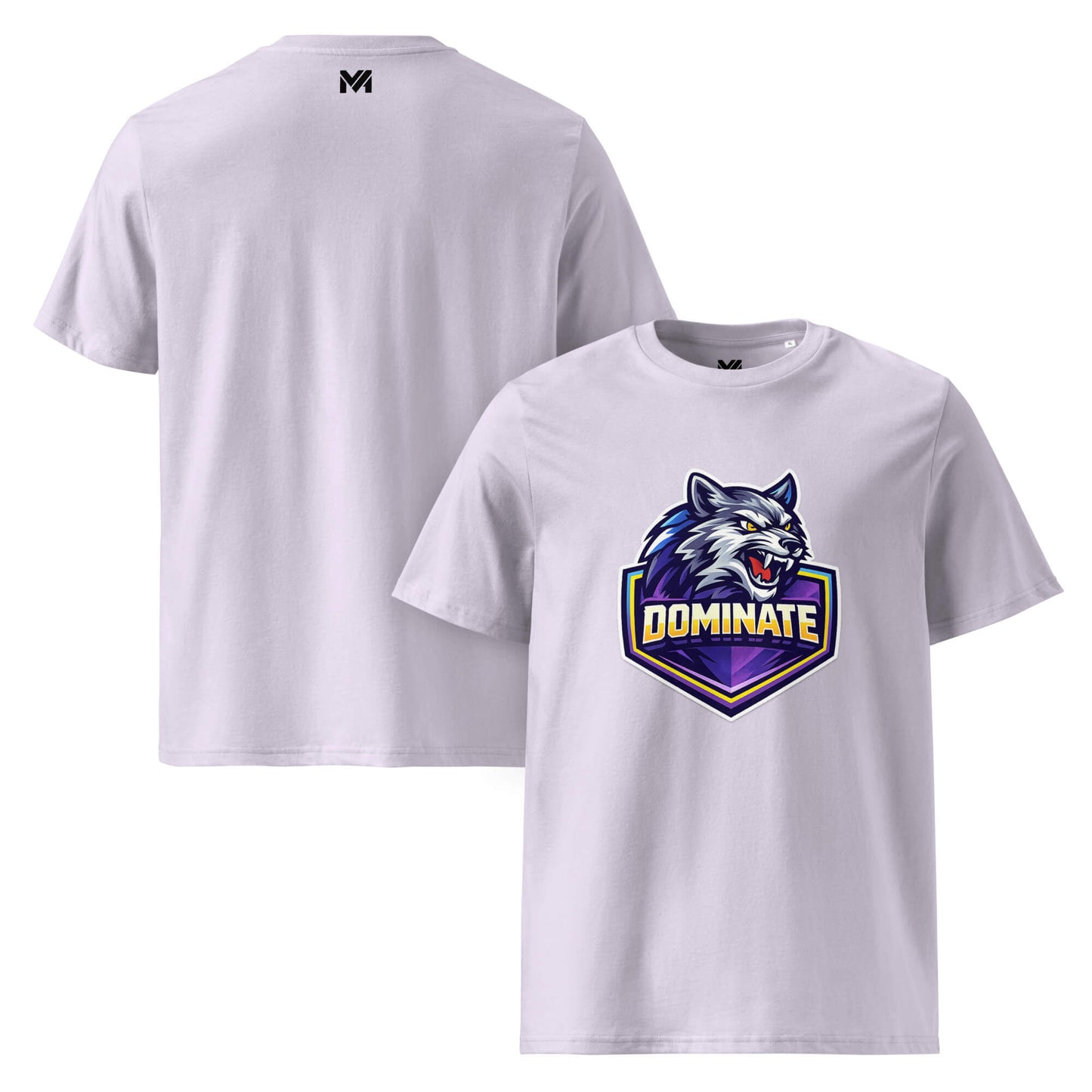 T-shirt Bio DOMINATE lavande visuel coloré face et logo noir dos sous le col Mindset Ambition