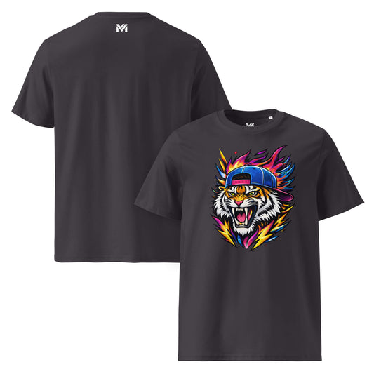 T-shirt Bio FIRE TIGER gris anthracite visuel coloré face et logo blanc dos sous le col Mindset Ambition