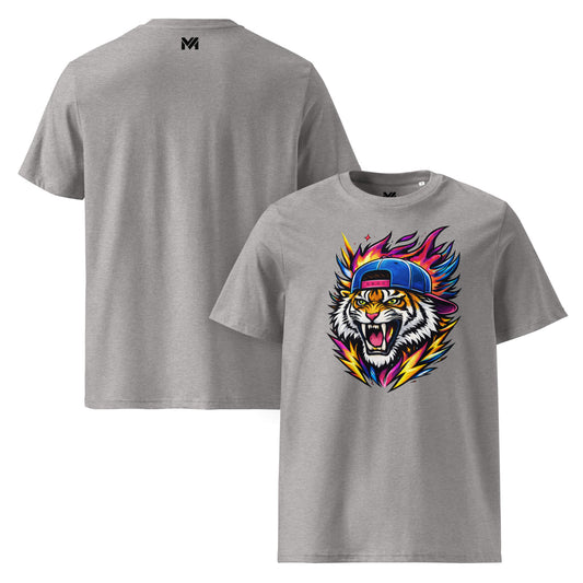 T-shirt Bio FIRE TIGER gris chiné visuel coloré face et logo noir dos sous le col Mindset Ambition