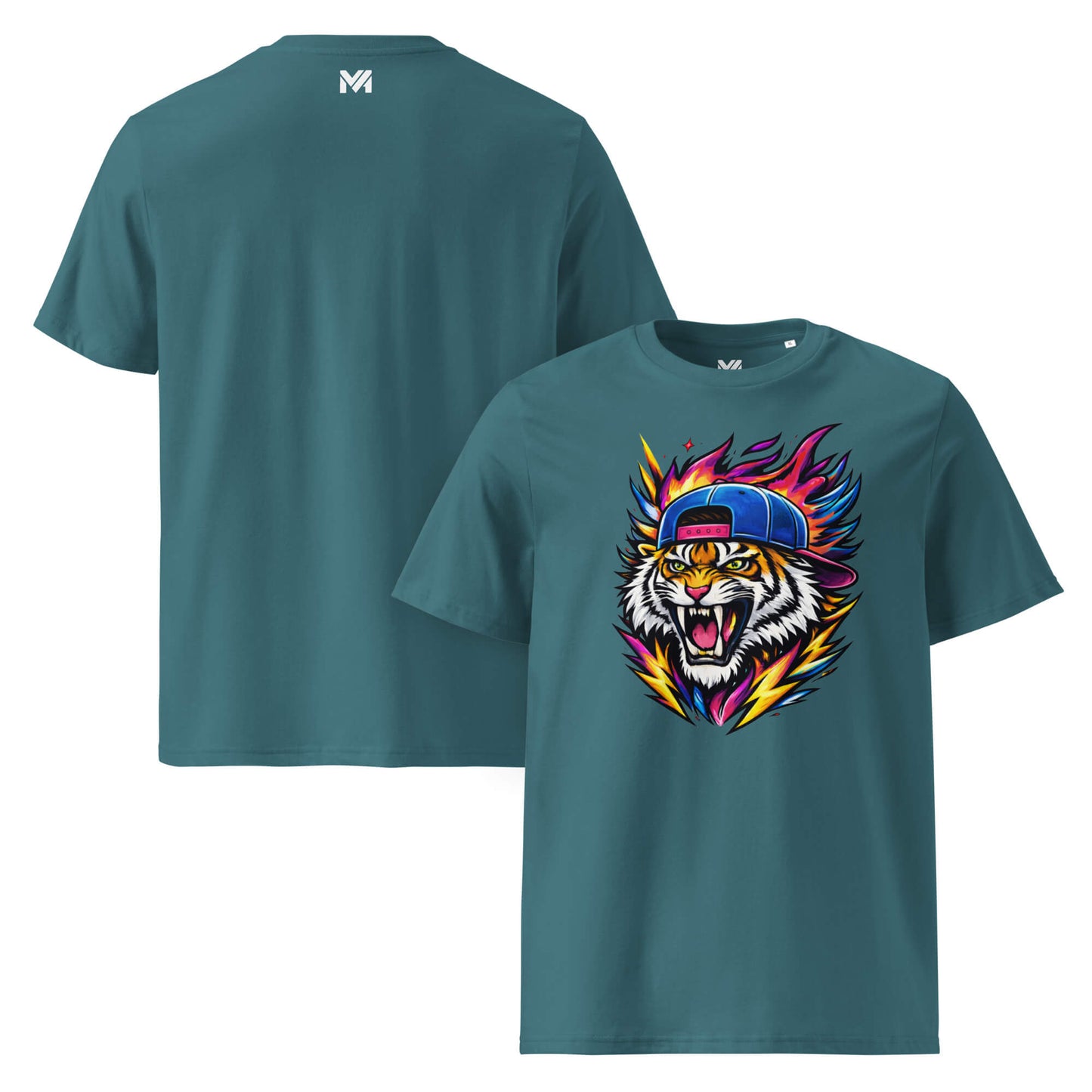 T-shirt Bio FIRE TIGER vert visuel coloré face et logo blanc dos sous le col Mindset Ambition