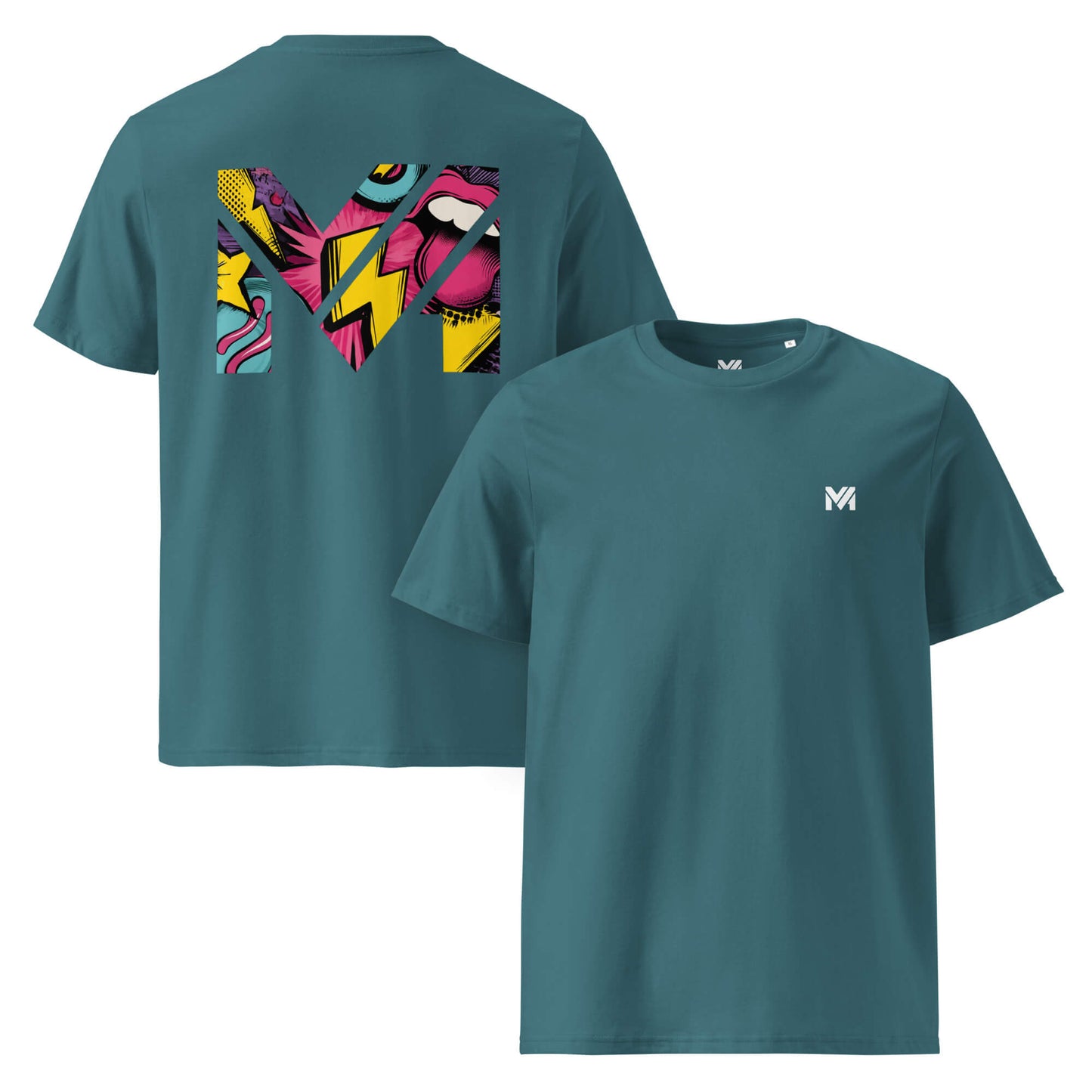 T-shirt Bio FULL VOLTAGE vert logo blanc face et visuel coloré dos Mindset Ambition
