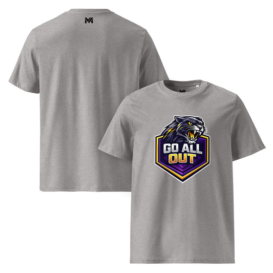 T-shirt Bio GO ALL OUT gris chiné visuel coloré face et logo noir dos sous le col Mindset Ambition