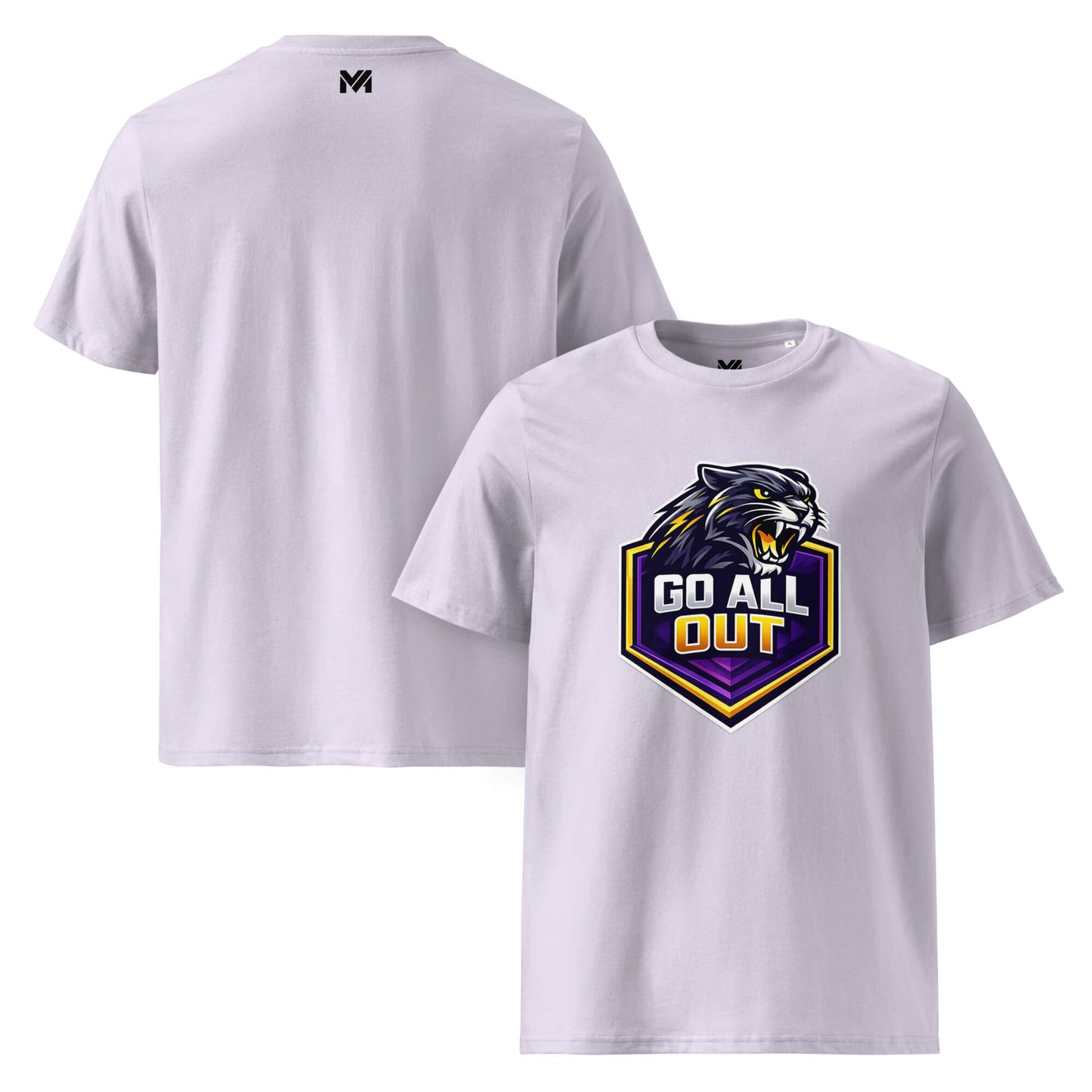 T-shirt Bio GO ALL OUT lavande visuel coloré face et logo noir dos sous le col Mindset Ambition