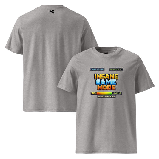 T-shirt Bio INSANE GAME MODE gris chiné visuel coloré face et logo noir dos sous le col Mindset Ambition