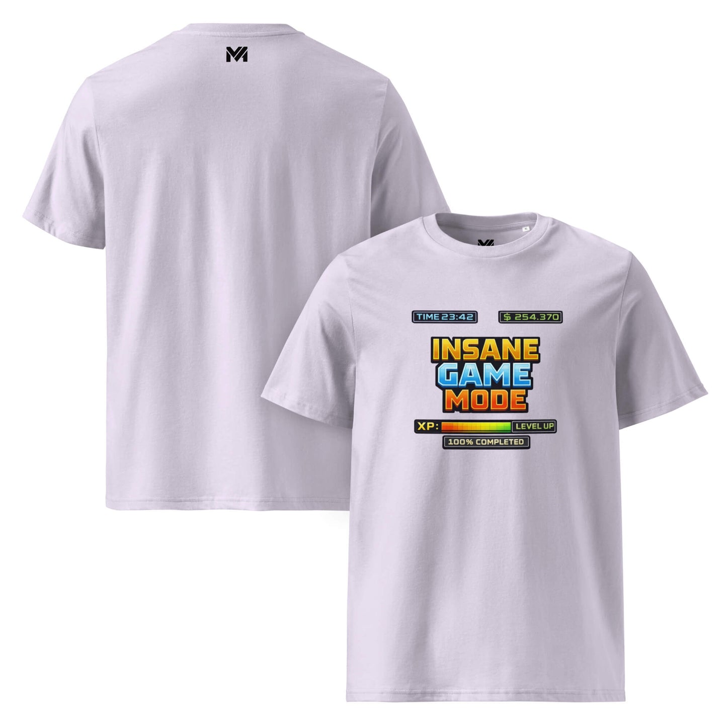 T-shirt Bio INSANE GAME MODE lavande visuel coloré face et logo noir dos sous le col Mindset Ambition