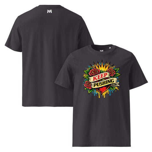 T-shirt Bio KEEP PUSHING gris anthracite visuel coloré face et logo blanc dos sous le col Mindset Ambition
