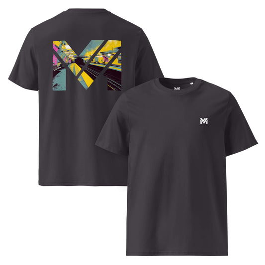 T-shirt Bio LAST TRAIN MENTALITY gris anthracite logo blanc face et visuel coloré dos Mindset Ambition