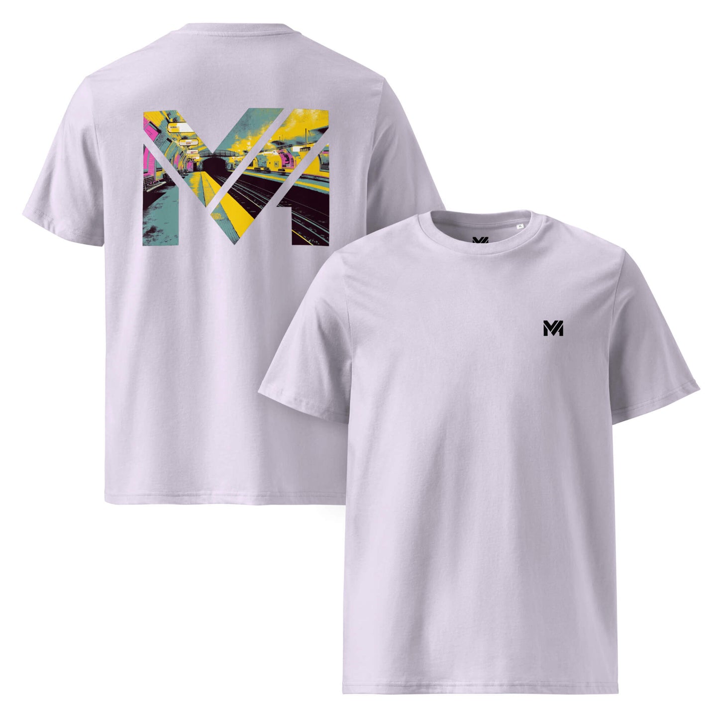 T-shirt Bio LAST TRAIN MENTALITY lavande logo noir face et visuel coloré dos Mindset Ambition