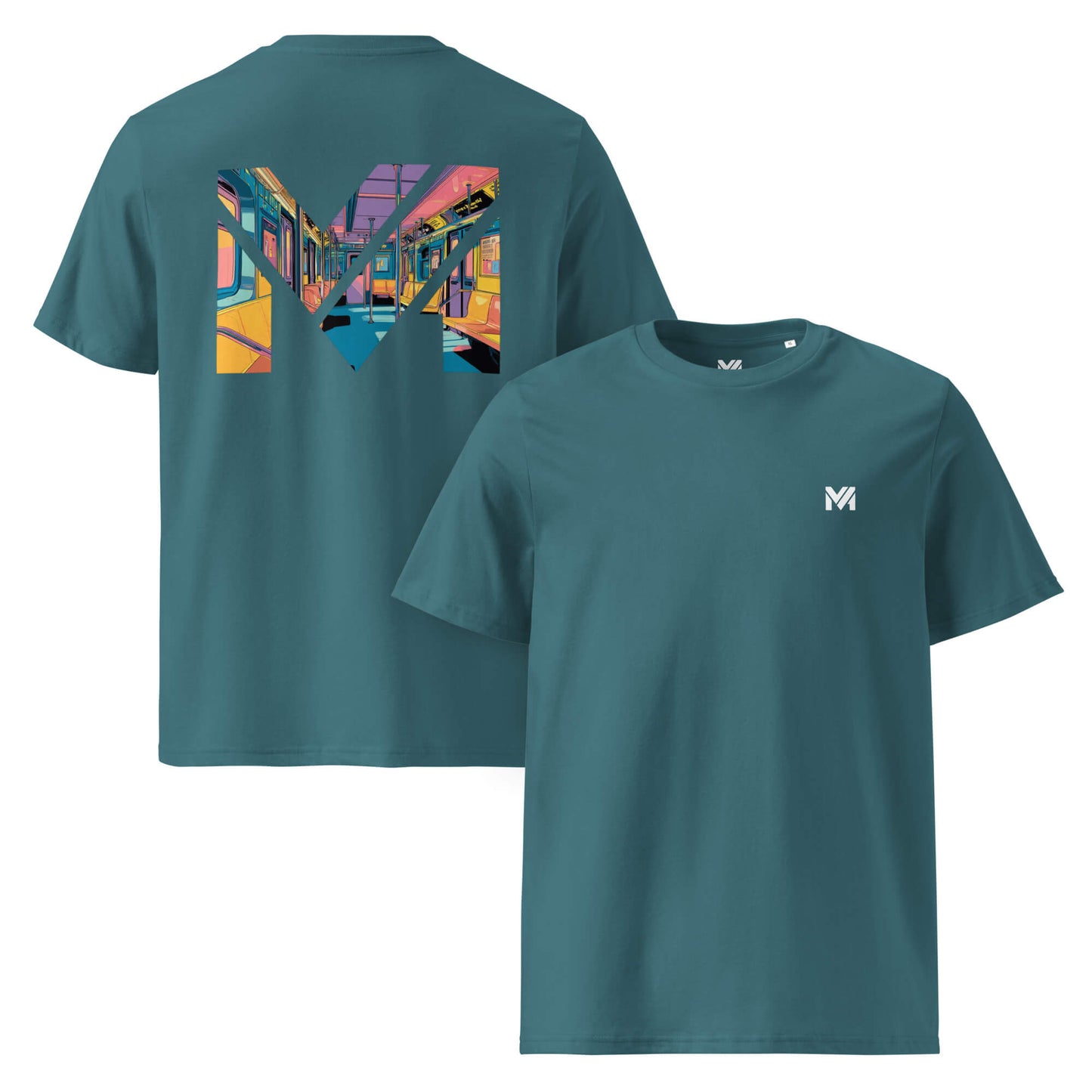 T-shirt Bio MIND ON TRACK vert logo blanc face et visuel coloré dos Mindset Ambition