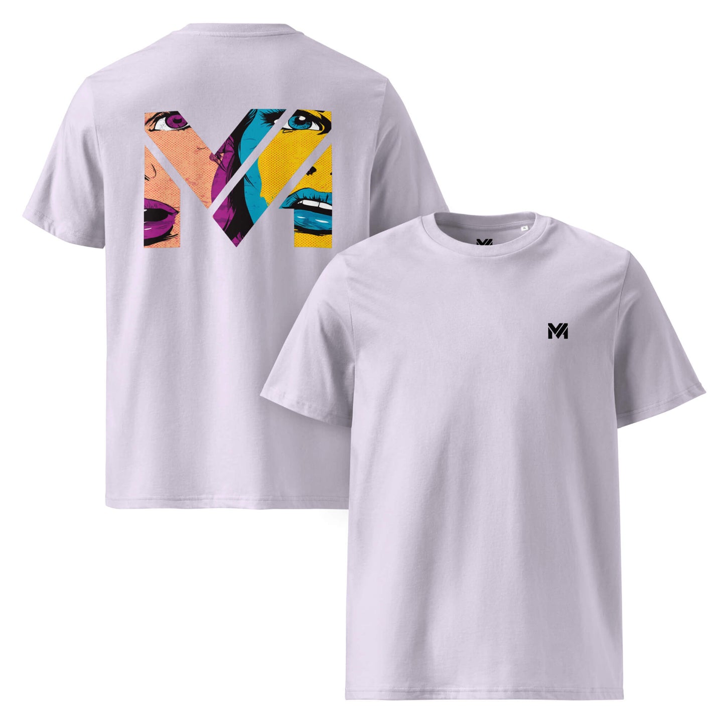 T-shirt Bio NO FILTER lavande logo noir face et visuel coloré dos Mindset Ambition