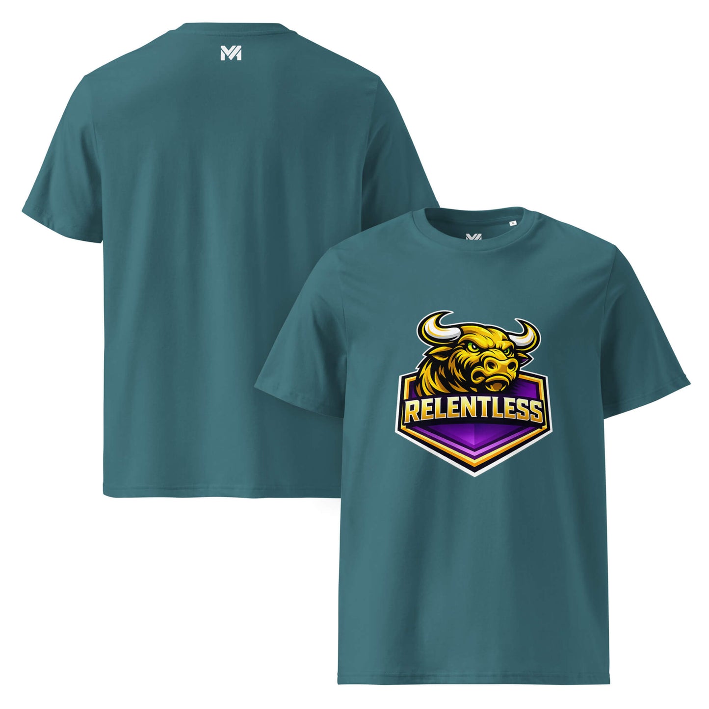 T-shirt Bio RELENTLESS vert visuel coloré face et logo blanc dos sous le col Mindset Ambition
