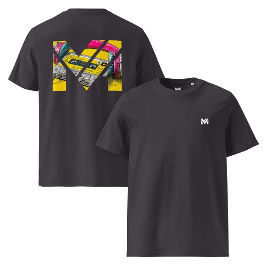 T-shirt Bio REWIND. RESET. RISE. gris anthracite logo blanc face et visuel coloré dos Mindset Ambition