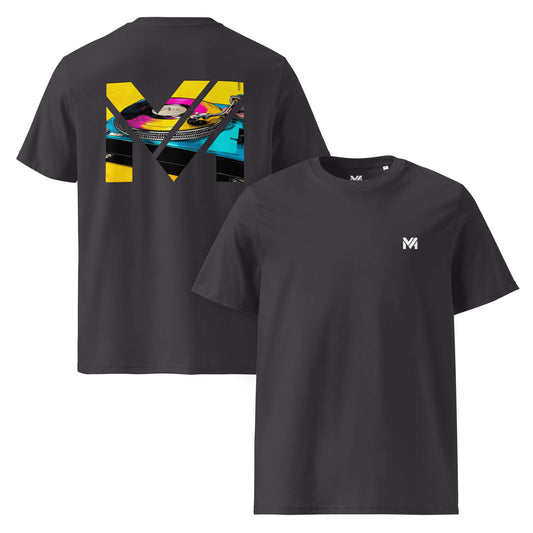 T-shirt Bio SPIN THE GRIND gris anthracite logo blanc face et visuel coloré dos Mindset Ambition