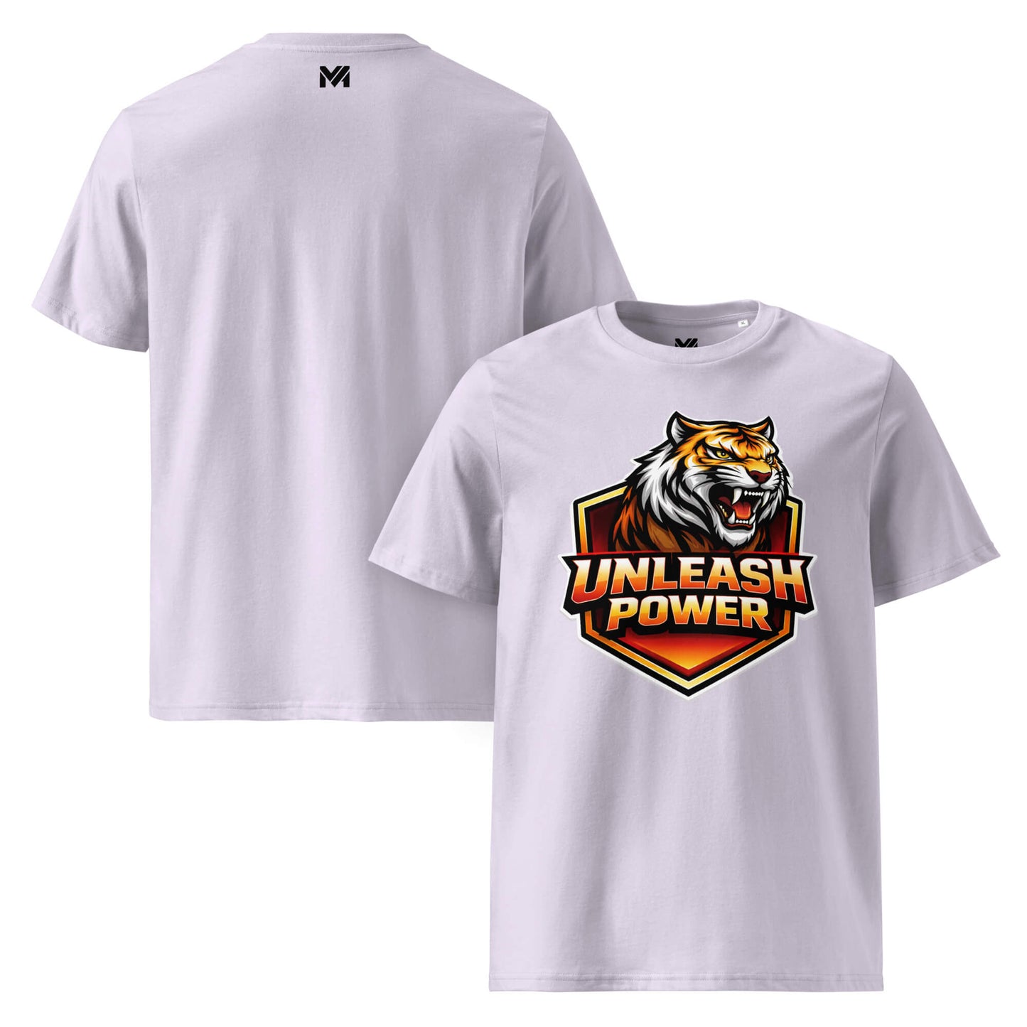 T-shirt Bio UNLEASH POWER lavande visuel coloré face et logo noir dos sous le col Mindset Ambition