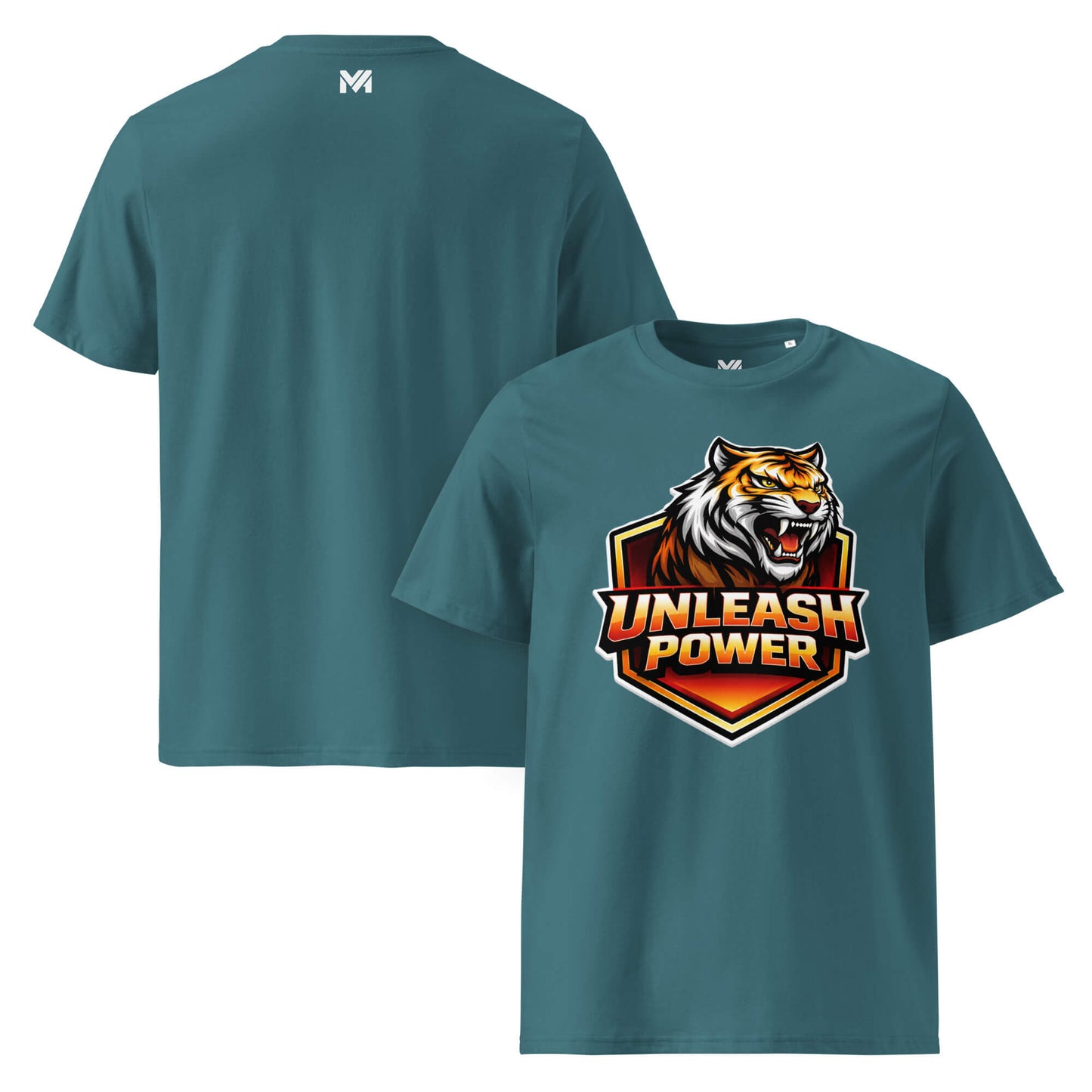 T-shirt Bio UNLEASH POWER vert visuel coloré face et logo blanc dos sous le col Mindset Ambition