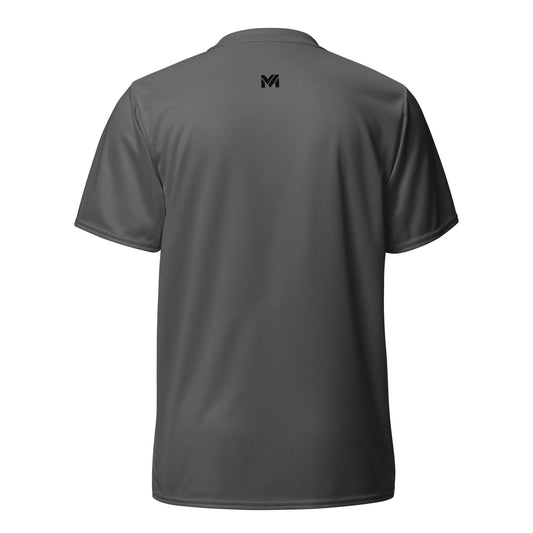 Dos du t-shirt sport technique Mindset Ambition “Spine Flow” gris – coupe unisexe, tissu technique respirant, logo MA noir centré sous le col.