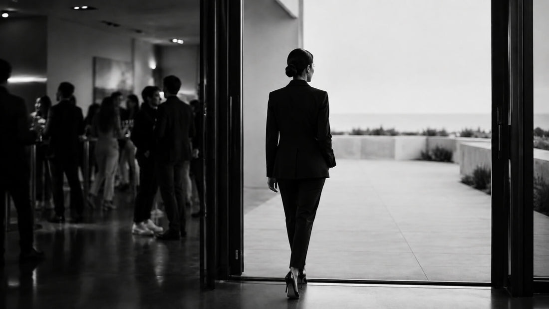 Femme élégante quittant un groupe pour avancer seule vers un espace lumineux, symbole d’ambition incomprise et de construction personnelle Mindset Ambition