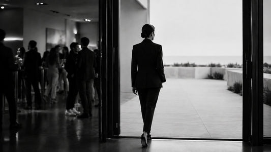 Femme élégante quittant un groupe pour avancer seule vers un espace lumineux, symbole d’ambition incomprise et de construction personnelle Mindset Ambition