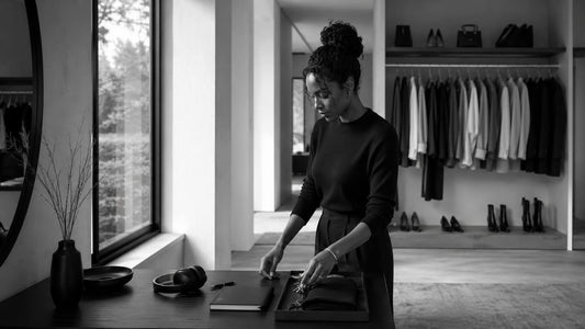Femme organisant soigneusement ses essentiels dans un intérieur minimaliste en noir et blanc, symbole d’architecture intérieure, de clarté et d’ambition structurée Mindset Ambition