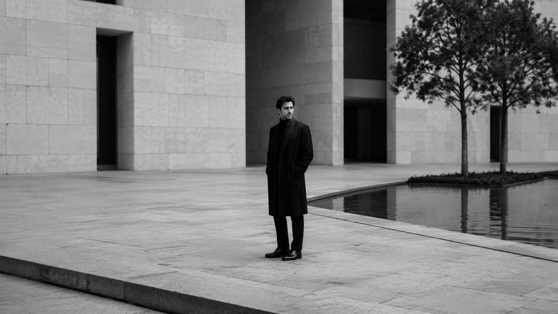 Homme seul dans une place minimaliste en noir et blanc, symbole de rareté, de retenue et de présence maîtrisée Mindset Ambition